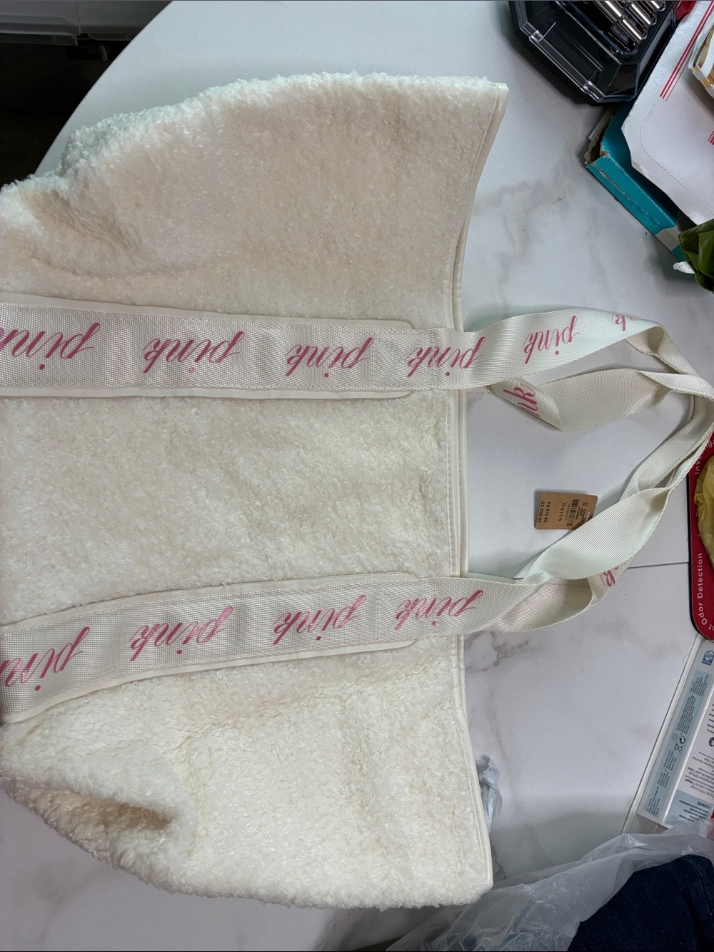PINK Victoria's Secret Cream Sherpa Tote with Pink Logo Straps